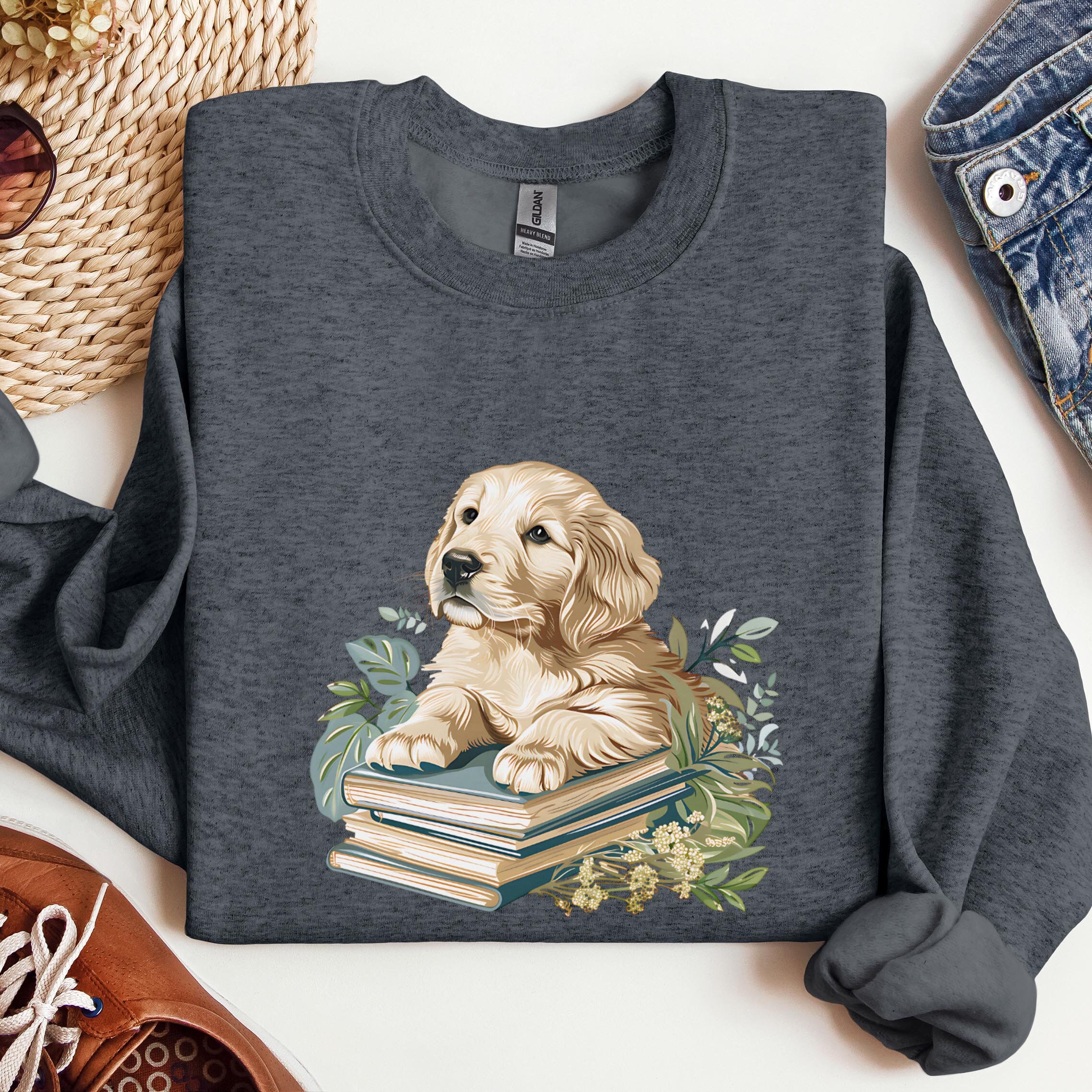 Golden Retriever Puppy Sweatshirt, Cottagecore Light Academia Style, Cosy Gift for Book and Plant Lovers