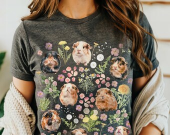Watercolour Guinea Pigs and Botanicals Tee, Adorable Print with Dandelions & Other Favourite Flowers, Ideal Gift for Cute Animal Lovers