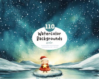 110 Winter Watercolor Backgrounds, PNG, Christmas Clipart, Abstract Splashes, Transparent Background, Digital Download, Commercial Use