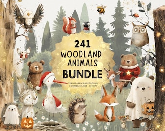 241 Woodland Animals Bundle, PNG Watercolor Clipart, Christmas, Boho, Halloween and All-Season Sets with Baby Animals, Commercial Use