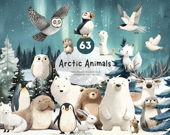 63 Arctic Animals, PNG Watercolor Clipart, Polar Bear, Fox, Owl, Wolf, Seal, Penguin and More, Matching Winter Backgrounds, Commercial Use