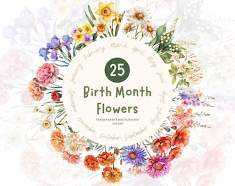 25 Birth Month Flowers (Two per Month), PNG, Watercolor Clipart, Personalize for Birthdays, Mothers Day, Weddings, and More, Commercial Use