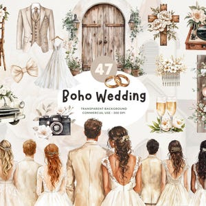 47 boho trouwdag tijdlijn aquarel clipart, png, bruid, bruidegom, jurk, bloemen, champagne, rustieke kerk en boog, commercieel gebruik