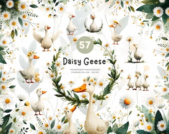 57 Daisy Goose, PNG Watercolor Clipart, Baby Shower Neutral Geese, Flowers, Wreaths, Bouquets, Boho nursery decor, Commerical Use