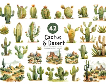 42 Cactus Clipart & Desert Clipart - Watercolor PNG Set, Commercial Use, Digital Download