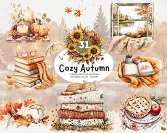 31 Cozy Autumn, Fall and Thanksgiving Watercolor Clipart, PNG, Floral Elements, Pumpkins, Coffee Mugs, Pies, Books, and More, Commercial Use