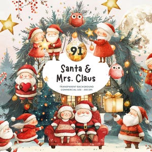 91 Santa and Mrs. Claus, PNG Christmas Watercolor Clipart, Festive Scenes, Activities and More, Matching Winter Backgrounds, Commercial Use
