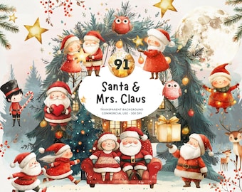 91 Santa and Mrs. Claus, PNG Christmas Watercolor Clipart, Festive Scenes, Activities and More, Matching Winter Backgrounds, Commercial Use