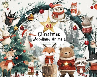 61 Christmas Woodland Animals, PNG Watercolor Clipart, Whimsical Bear, Fox, Owl, Bunny, Wolf and More, Matching Backgrounds, Commercial Use