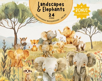 24 Landschafts- und Elefanten-Aquarell-Clipart-PNG-Dateien (+4 BONUS-Safaritiere), transparenter Hintergrund, 300 DPI hochauflösend, digitaler Download