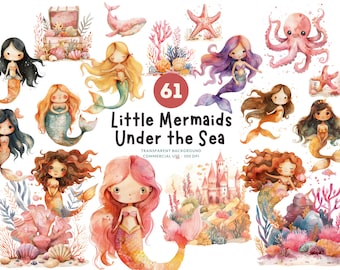 61 Mermaid Clipart - Little Mermaid Under the Sea PNG Set, Commercial Use, Digital Download