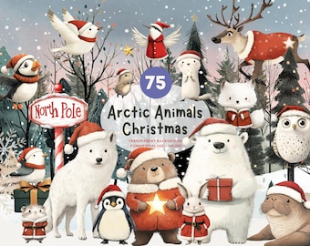75 Christmas Arctic Animals, PNG Watercolor Clipart, Polar Bear, Fox, Owl, Seal, Wolf and More, Matching Winter Backgrounds, Commerical Use