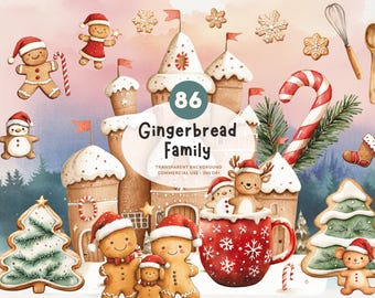 86 Gingerbread Family with Mom, Dad, Kids, Baby, Pets & More, PNG Christmas Watercolor Clipart, Matching Winter Backgrounds, Commercial Use