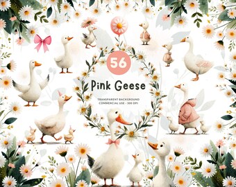 56 Pink Goose, PNG Watercolor Clipart, Baby Shower Girly Geese, Flowers, Wreaths, Bouquets, Boho nursery decor, Commerical Use