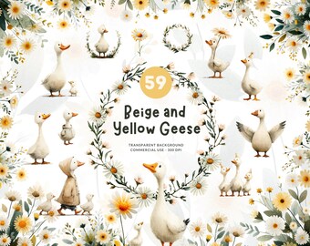 59 Beige Goose, PNG Watercolor Clipart, Baby Shower Neutral Geese, Flowers, Wreaths, Bouquets, Boho nursery decor, Commerical Use