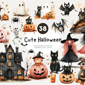 38 Cute Halloween Watercolor Clipart, PNG, Transparent Background, Cute Cat with Pumpkin, Digital Download, Commercial Use, Junk Journal