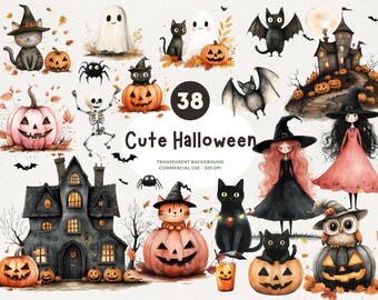 38 Cute Halloween Watercolor Clipart, PNG, Transparent Background, Cute Cat with Pumpkin, Digital Download, Commercial Use, Junk Journal