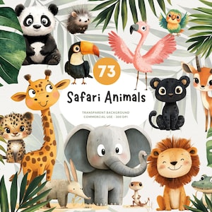 73 lindos animales de safari en acuarela, imágenes prediseñadas PNG, baby shower, guardería, fondo transparente, descarga digital, uso comercial, diario basura
