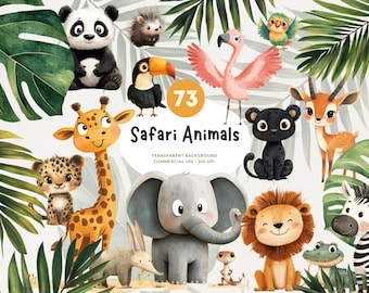 73 Cute Safari Animals Watercolor Clipart, PNG, Baby Shower, Nursery, Transparent Background, Digital Download, Commercial Use, Junk Journal