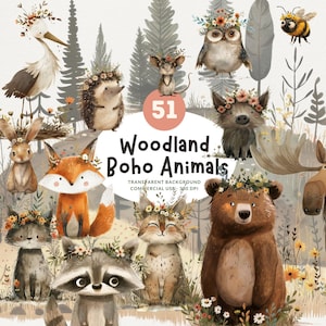 51 animales del bosque boho, imágenes prediseñadas de acuarela PNG, osos, zorros, búhos, conejos, lobos, ciervos y más, fondos a juego, uso comercial