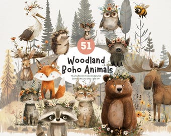 51 Boho Woodland Animals, PNG Watercolor Clipart, Whimsical Bear, Fox, Owl, Bunny, Wolf, Deer and More, Matching Backgrounds, Commercial Use