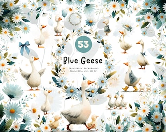 53 Blue Goose, PNG Watercolor Clipart, Baby Shower Boy Geese, Flowers, Wreaths, Bouquets, Boho nursery decor, Commerical Use