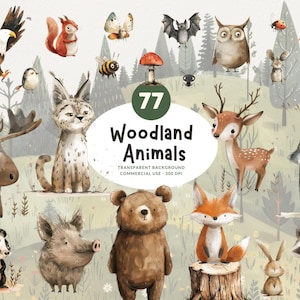 77 bosdieren, aquarel clipart png, grillige boho babydieren, beer, vos, uil, wolf en meer, bijpassende achtergronden, commercieel gebruik