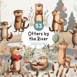 53 Otter am Fluss, PNG Aquarell Clipart, jubelnde Waldtiere mit Partyhüten, Luftballons, Sternen, Geschenken und mehr, kommerzielle Nutzung