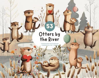 53 Otters by the River, PNG Watercolor Clipart, Cheering Woodland Animals With Party Hats, Balloons, Stars, Presents & More, Commercial Use