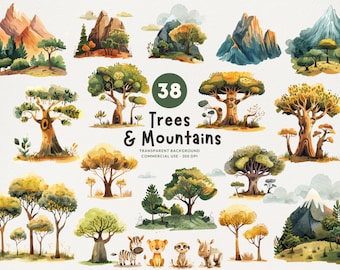 38 Tree and Mountain Clipart - Watercolor PNG Set, Commercial Use, Digital Download
