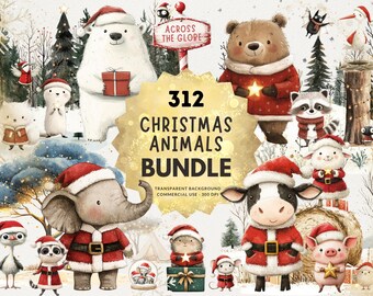312 Christmas Animals Across the Globe Bundle: Whimsical Woodland, Arctic, Safari and Farm Animals, PNG Watercolor Clipart, Commercial Use