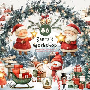 86 Laboratorio di Babbo Natale, PNG Clipart acquerello, Babbo Natale, la signora Claus, elfi di Natale, animali e altro, sfondi invernali abbinati, uso commerciale