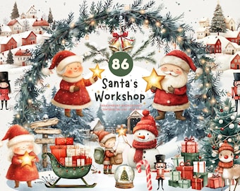 86 Santa's Workshop, PNG Watercolor Clipart, Santa, Mrs. Claus, Christmas elves, Animals & More, Matching Winter Backgrounds, Commercial Use