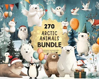 270 Arctic Animals Polar Friends Bundle: Whimsical Winter, Party, Christmas and Valentine Animals, PNG Watercolor Clipart, Commercial Use