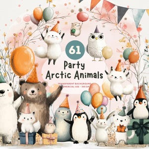 May include: 61 watercolour illustrations of arctic animals wearing party hats and holding balloons. The animals include a polar bear, penguin, fox, owl, bear, and rabbit. The illustrations are perfect for party invitations, cards, and other crafts.