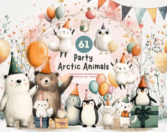 61 Birthday Party Arctic Animals, Celebrate with Ice Bear, Polar Fox, Owl, Seal and More, Matching Winter Backgrounds, Commercial Use