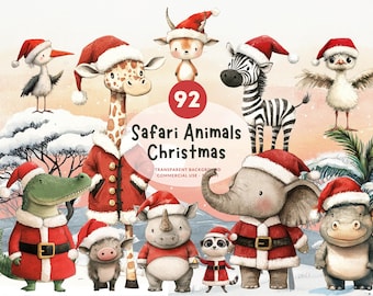92 Christmas Safari Animals, PNG Watercolor Clipart, Lion, Elephant, Giraffe, Leopard, Meerkat, Ostrich & More Wild Animals, Commercial Use