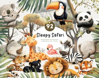 92 Cute Sleepy Safari Animals Watercolor Clipart, PNG, Baby Shower, Jungle Nursery, Transparent Background, Digital Download, Commercial Use