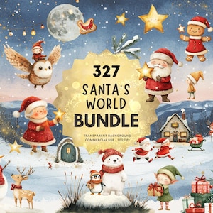 327 Santa's World Bundle: Nikolaus Werkstatt, Santa & Mrs. Claus, Lebkuchenfamilie, Weihnachtselfen, PNG Aquarell Clipart, kommerzielle Nutzung