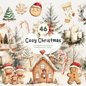 46 Natale accogliente, PNG Clipart acquerello, alberi di Natale e palline, candele, case di pan di zenzero, maglioni accoglienti e altro, uso commerciale