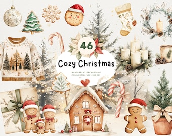 46 Cozy Christmas, PNG Watercolor Clipart, Christmas Trees and Balls, Candles, Gingerbread Houses, Cozy Sweaters and More, Commercial Use