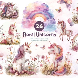 26 Einhorn Clipart - Aquarell Pastell Regenbogen Einhorn PNG Set, kommerzielle Nutzung, digitaler Download