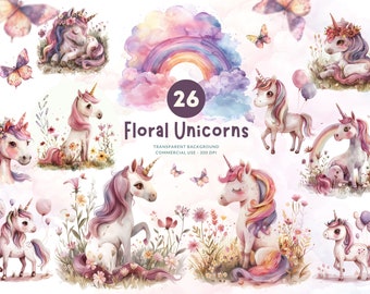 26 Unicorn Clipart - Watercolor Pastel Rainbow Unicorn PNG Set, Commercial Use, Digital Download