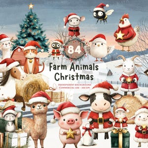 84 Weihnachten Bauernhof Tiere, PNG Aquarell Clipart, Kuh, Schaf, Schwein, Pferd, Ente, Katze, Hund, Maus, Esel, Büffel und mehr, kommerzielle Nutzung