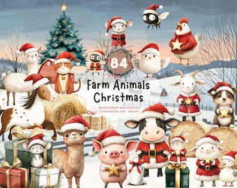 84 Christmas Farm Animals, PNG Watercolor Clipart, Cow, Sheep, Pig, Horse, Duck, Cat, Dog, Mouse, Donkey, Buffalo and More, Commercial Use