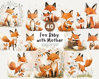 40 Boho Fox Baby and Mother, Woodland Animal Watercolor Clipart, PNG, Baby Shower, Transparent Background, Digital Download, Commercial Use