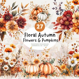 Clipart de aquarela de ação de graças, PNG, Outono floral, Flores de outono e abóboras, Fundo transparente, Uso comercial, Diário de lixo