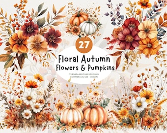 Thanksgiving Watercolor Clipart, PNG, Floral Autumn, Fall Flowers and Pumpkins, Transparent Background, Commercial Use, Junk Journal