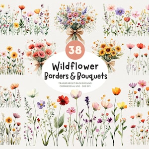 38 Wildblumen Bordüren und Blumensträuße, PNG, Blumenhochzeit Aquarell Clipart, Mohnblume, Sonnenblume und weitere Wildblumen, kommerzielle Nutzung