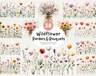 38 Wildflower Borders and Bouquets, PNG, Floral Wedding Watercolor Clipart, Poppy, Sunflower and More Wildflowers, Commercial Use